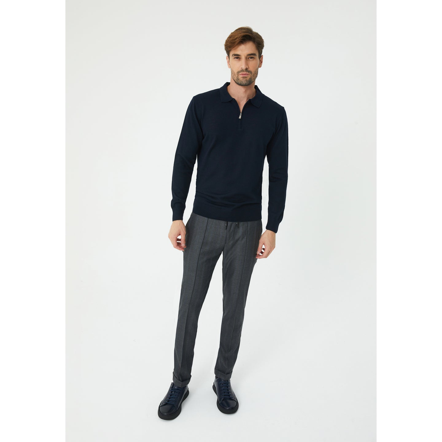 Dark Navy Wool Blend Half-Zip Sweater